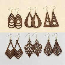 6pairs Bohemian Style Wooden Hollow Earrings, Geometric Teardrop Triangle Design Dangle Earrings, Suitable For Daily Wear, Women's Jewelry For Holidays And Parties, Lightweight Suitable For Autumn/Winter - Brown - View 5