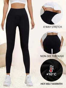 2pcs Women's Solid Color Daily Casual Warm High Waist Leggings, Winter Warm Thick Tight Soft Yoga Pants, Women's Clothing