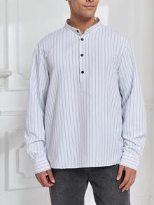 Herren Lässiges, bequemes Langarm Hemd, erfrischende Leinwand-Kontrast-gestreifte Kurta, Herren Weißes Lässig Hemd