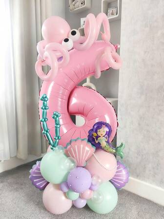 43pcs Mermaid Ocean Balloon Set, Includes Mini Mermaid, Seashells, Pink Number Foil Balloons, Macaron Pink Purple Green Clear Balloons, And Eye Balloons, Suitable For Ocean Theme, Mermaid Theme, Ocean Birthday Party, Birthday Party Decorations, Mermaid Party Supplies, Event Props