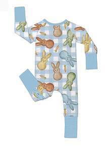 Baby Bamboo Fiber Zip-Up,  Easter Blue Bunny Print Romper, All-Season Knit Fabric Skinny Fit With Zipper Detail, Baby Girl Winter Autumn Clothes, Perfect For Outdoor Easter Gift. - 淺藍色 - 查看 2
