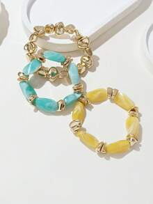 LADYCOCO 3pcs Vintage Thick Chunky Acrylic Beaded Multilayer Bracelet, Transformable Gold Chip Bracelet, Suitable For Women, Couples, Party, Daily Wear - Multicolor 25 - View 3