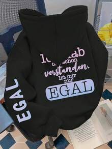 Plus Size Women's College German Text "Ich Hab Das Schon Verstanden. Ist Mir Nur EGAL" And Text "EGAL"Pattern Sweatshirt Hooded Long Sleeves Casual Spring/Summer/Fall Women's Plus-Size Long-Sleeved Sweatshirt Christmas Going Out Tops Women, Vacation Women - Black - View 1