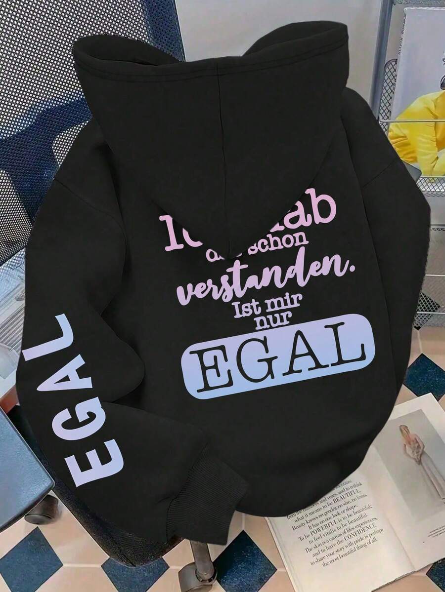 Plus Size Women's College German Text "Ich Hab Das Schon Verstanden. Ist Mir Nur EGAL" And Text "EGAL"Pattern Sweatshirt Hooded Long Sleeves Casual Spring/Summer/Fall Women's Plus-Size Long-Sleeved Sweatshirt Christmas Going Out Tops Women, Vacation Women - Black - View 1