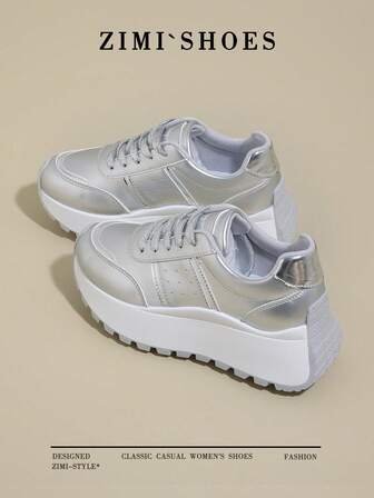 1 双女士圆头厚底金色/银色休闲运动鞋，户外系带皮鞋，适合跑步、徒步旅行，四季穿着