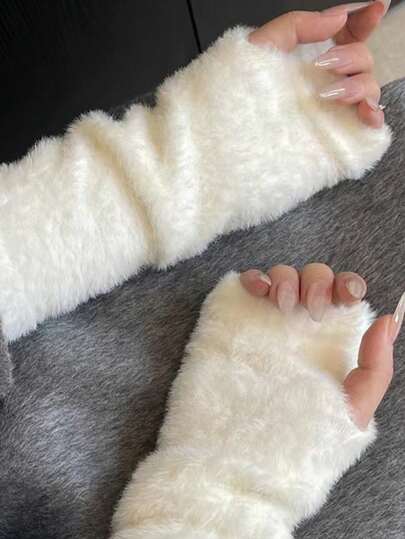 1pc Women Soft & Cozy Fingerless Arm Warmers, Knitted Fingerless Gloves Versatile For Autumn/Winter, Solid Color Plush Mittens For Students