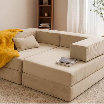  Sofá Cama Modular Convertible 1 MODULO – Sillón Beige Reconfigurable en Diferentes Posiciones, Cama Grande o Sofá Compacto – Fundas Lavables ENTRENUDOS - BEIGE