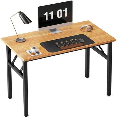 Folding Computer Desk - 39.4 Inch Foldable Office Writing Work Study Kids Student Teacher Home Bedroom Table For Small Space, Teak & Black