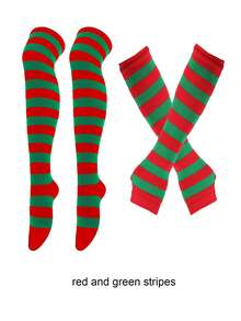 1 Set Women's Christmas Striped Thigh High Socks + Gloves, Red/White, Green/White, Red/Green, Purple/Black Striped Knee Socks, Suitable For Stage Performance, Cosplay, Christmas Party, Winter Warm Socks, Y2K Style