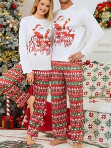2pcs/Set Men's Christmas Random Print Pattern Regular Fit Crew Neck Pullover Sweatshirt And Pants Loose Pajama Set, Lightweight For Spring/Autumn - Red and White - View 4
