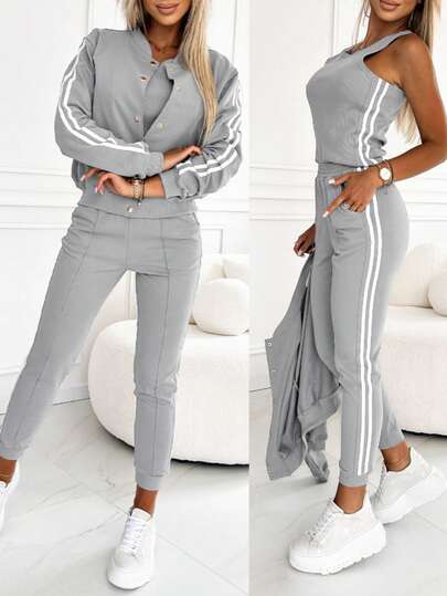 ChicMe 3pcs Women Striped Strap Decor Sleeveless Tank Top, Button Front Jacket, Drawstring Pocket Pants, Fashionable Casual Sports Suit