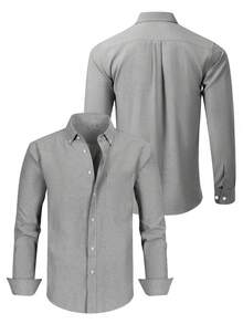 Camisa de manga larga de color azul sólido clásica para hombre, elegante de negocios casual caballerosa - Gris - Ver 7