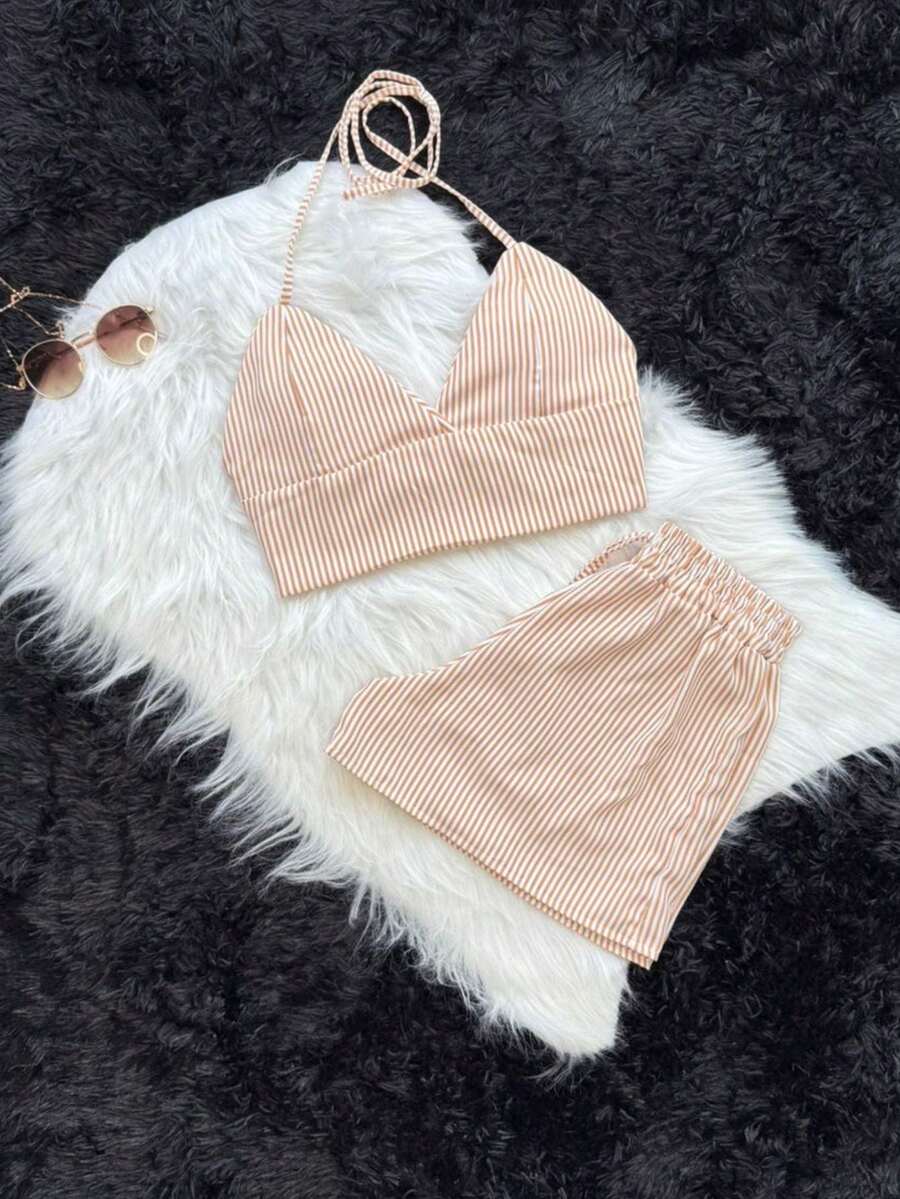 2-PIECE SET SHORTS AND CROPPED DUNA STRIPED FASHION THEND SUMMER 2026 - 駝色 - 查看 1