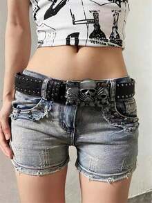 New Fashionable Personalized Rhinestone Decorated Casual Leather Belt For Women, Smooth Buckle Adjustable Waist Strap With Skull Charm Halloween Summer, School Fall, Autumn, Halloween - 黑色 - 查看 1