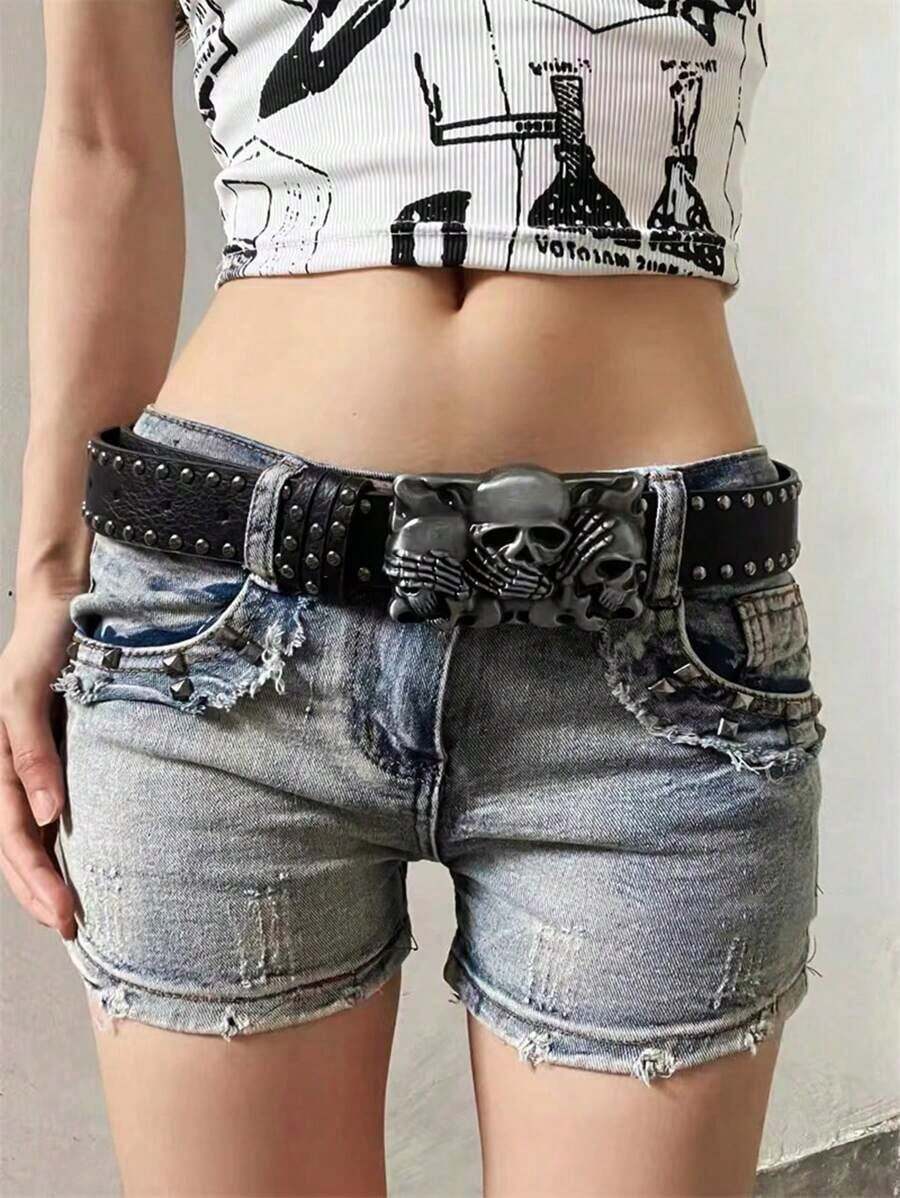 New Fashionable Personalized Rhinestone Decorated Casual Leather Belt For Women, Smooth Buckle Adjustable Waist Strap With Skull Charm Halloween Summer, School Fall, Autumn, Halloween - 黑色 - 查看 1