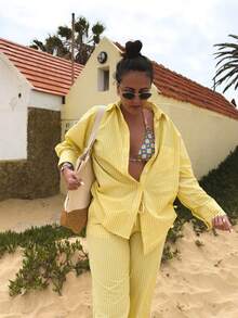 大码女式欧美休闲通勤条纹口袋宽松衬衫+阔腿裤两件套，裤脚和侧边饰有白色流苏，适合时尚休闲通勤、日常都市风格，优雅春季之选。 - 黃色 - 查看 5