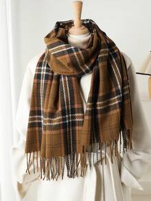 1 pieza Elegante bufanda/echarpe de mujer a cuadros multicolor con flecos de imitación de cachemira, Chal/pashmina de cachemira, Bufanda de cuello unisex estilo grueso y casual para el invierno, Chal envolvente para mujer, Suave y cómoda, Para uso diario y salidas, así como regalos navideños para miembros de la familia