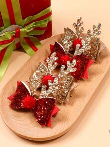 2 件闪亮圣诞鹿角蝴蝶结可爱女婴发夹，适合日常和节日装扮 - 彩色 - 查看 1