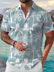 Mature Vacation Palm Tree Print Short Sleeve Casual Shirt D2623 - Blue - View 6