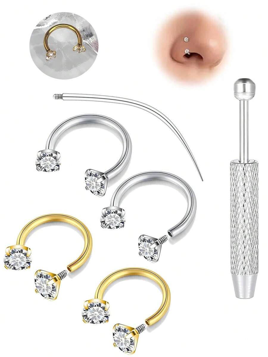 1pc/3pcs/4pcs Y2K Style 16G Horseshoe Septum Clicker With Piercing Tool, Stainless Steel 316L Low Allergy, Cubic Zirconia Embedded, External Thread Design, Suitable For Nose, Cartilage, Lip, Ear, Unisex Jewelry, Great Gift For Halloween, Thanksgiving, Christmas, Birthday