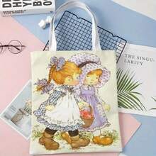 Bolso de tela con impresión de niña de dibujos animados vintage a doble cara, bolso de compras con estampado de flores, estilo bohemio y académico, ideal para regalos de Otoño, Acción de Gracias y Pascua, adecuado para uso diario, picnics, vacaciones en la playa, trabajo y escuela, 16in*14in