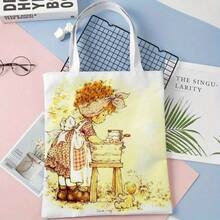 Bolso de tela con impresión de niña de dibujos animados vintage a doble cara, bolso de compras con estampado de flores, estilo bohemio y académico, ideal para regalos de Otoño, Acción de Gracias y Pascua, adecuado para uso diario, picnics, vacaciones en la playa, trabajo y escuela, 16in*14in