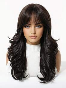 Brown Synthetic Wig With Bangs, Dark Brown Long Wavy Layered Wig, Suitable For Women's Daily Party Cosplay Wig 20 Inch For Everyday, Holiday, Travel Party Role-Play Wear - 棕色 - 查看 3