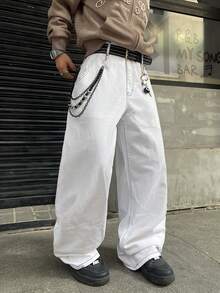 Infinite Jeans 1件裝 男士街頭極簡印花寬鬆寬腿牛仔長褲，舒適百搭休閒四季款（產品不含腰帶與配件） - 白色 - 查看 6