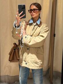 Autumn Winter Women's Single-Breasted Padded Jacket With Lapel Collar, Long Sleeve Pockets Loose Coat