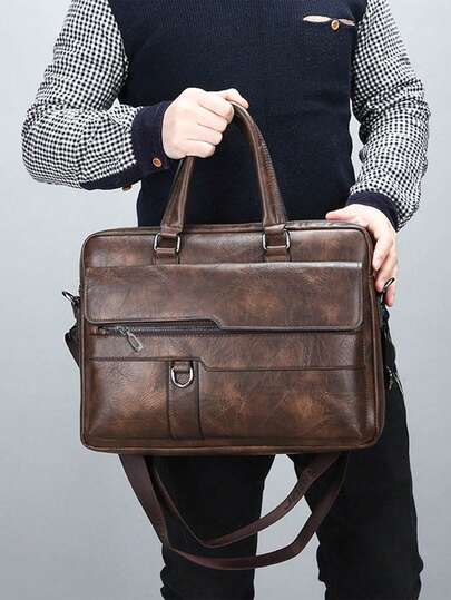 1 Pc Business Minimalist Briefcases With Adjustable Strap&Zipper Closure Tote Bag, Lightweight Solid Color PU Leather Crossbody Bag – Suitable For Men/Boys/Gentlemen, Perfect For Business/Commute/Work/Office Vintage Office Bag