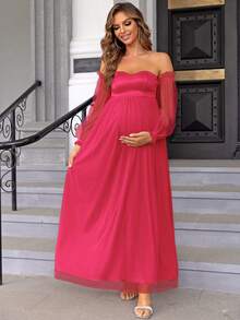 Joyfunear Elegant Contrast Mesh Off-Shoulder Maternity Dress, Autumn - Hot Pink - View 4