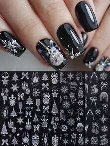 3 PIEZAS Pegatinas de uñas con brillo plateado festivo y navideño, diseños brillantes de Papá Noel, árbol de Navidad, ciervos, bolas, copos de nieve, estrellas y lazos para manicura, suministros de uñas autoadhesivos para decoración de uñas de invierno y Año Nuevo