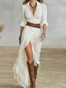 A Pure Color Short-Sleeved Long Dress With A V-Neck And A Mid-Rimmed Straight Skirt, With A Sexy And Bold Girl Style. Ideal For Christmas And Halloween Gifts. - 白色 - 查看 1