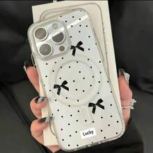 Funda magnética para phone 16, 15, 14, 13, 12 y 11 Pro. Diseño con un bonito lazo negro de lunares. Atractiva, fabricada en acrílico y compatible con carga inalámbrica. - transparente - Ver 3