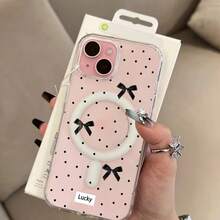 Funda magnética para phone 16, 15, 14, 13, 12 y 11 Pro. Diseño con un bonito lazo negro de lunares. Atractiva, fabricada en acrílico y compatible con carga inalámbrica. - transparente - Ver 5