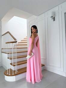 Long One Shoulder Prom Dress With Flowing Cape And Slit Sophisticated Simple Elegant Party Wrinkled Wedding - Baby Pink - View 2