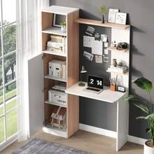 Work Table/Desk With Storage – White With Strip Wood Contrast, Lower Cabinet With Doors And Upper Open Shelf, Office Design, - 白色 - 查看 3