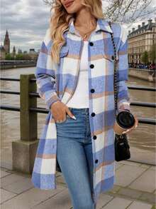 Women's Autumn/Winter Long Sleeve Casual Plaid Thermal Lining Pocket Shirt, Long Sleeve Tops Fall Cloth For Women - Blue and White - View 7