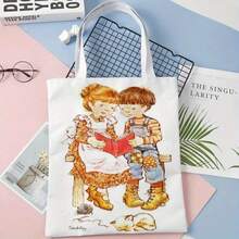 Bolso de tela con impresión de niña de dibujos animados vintage a doble cara, bolso de compras con estampado de flores, estilo bohemio y académico, ideal para regalos de Otoño, Acción de Gracias y Pascua, adecuado para uso diario, picnics, vacaciones en la playa, trabajo y escuela, 16in*14in