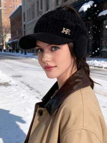 1pc Women's Solid Color Knitted Beanie Hat With Letter Design, Thermal Lined, Suitable For Outdoor Activities, Casual Wear