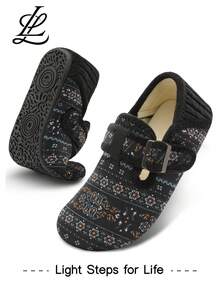 Leisfit Women's Autumn And Winter Velvet Flat Shoes, Comfortable And Breathable Round Toe Casual Shoes, Low Cut Adjustable Soft Soled Warm Home Casual Shoes, Suitable As Gifts For Wives And Mothers - Black Pattern - View 2