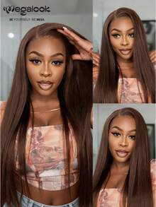 MEGALOOK 13x4蕾丝前假发，100%真人发丝，柔顺直发深棕色 - 预漂白发结，预拔毛发际线，透明蕾丝，高品质原生发，180%密度 - 日常佩戴舒适，适合办公室、派对、Y2K主题活动、度假、户外活动、周日盛装、学校、节日、圣诞节、返校季、婚礼、万圣节、约会之夜等场合，魅力女士假发 - S4 - 查看 4