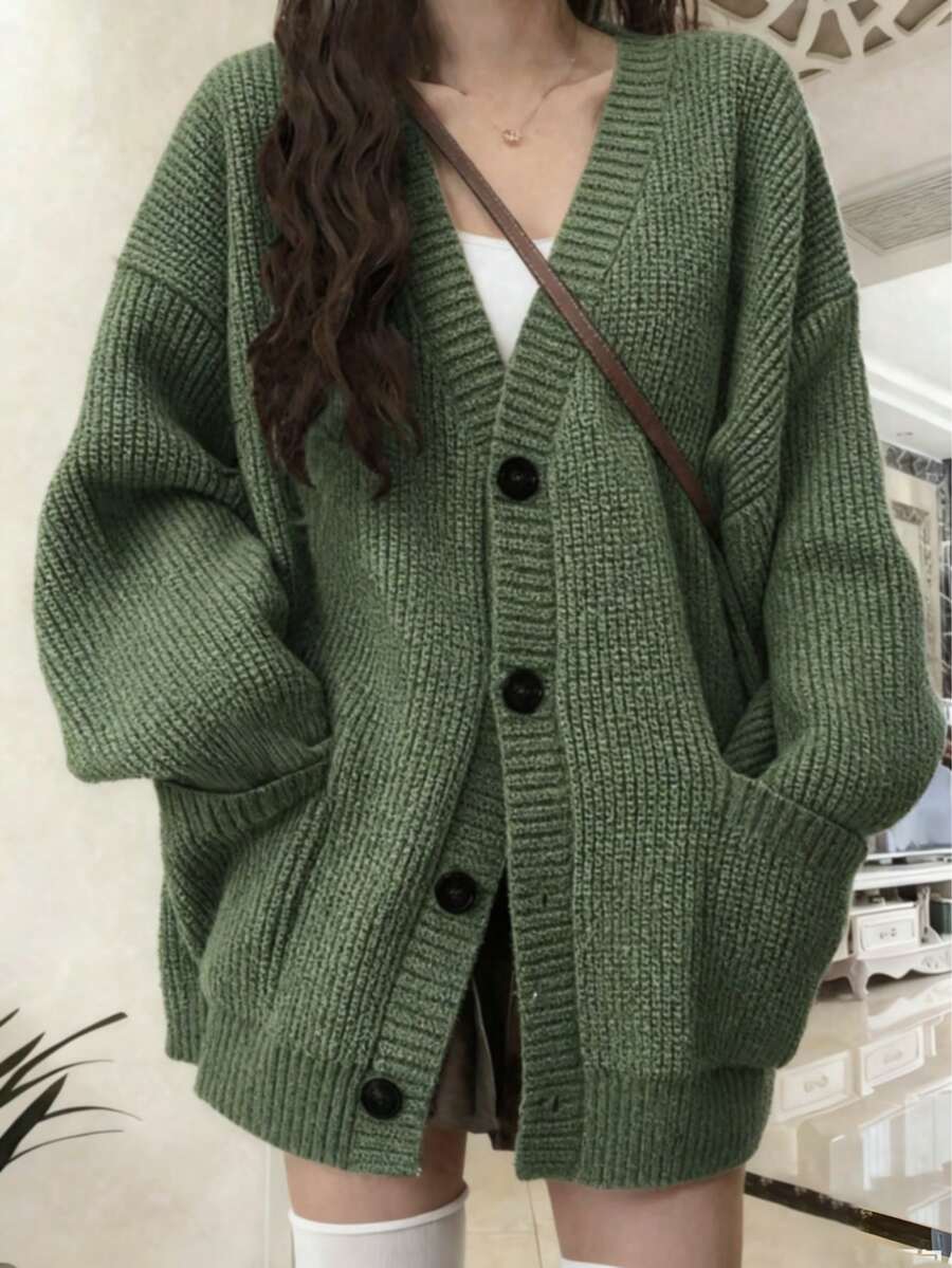 女士时尚优雅针织开衫，秋冬新品 - 軍綠色 - 查看 1