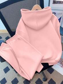 2 piezas Conjunto de sudadera con capucha con letras dulces y geniales para niñas, suave y amigable con la piel, para uso diario escolar en todas las estaciones - Rosa - Ver 2