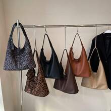 复古荔枝纹大容量休闲单肩托特包，拼接纯色女手提包，优雅百搭通勤托特包 - 黑色 - 查看 10