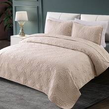 Soft Queen Size Quilt Set For All Seasons, 3-Piece Ultrasonic Geometric Bedding Set, Lightweight Reversible Bedspread, Coverlet, Bed Cover With 2 Pillow Shams, Yellow - Brich Beige - Xem 2