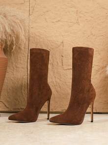 12厘米性感尖头咖啡色弹力莱卡修身高跟中筒靴，女士秋冬款，细高跟 - 咖啡棕 - 查看 5