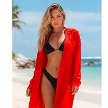 Beach Cover-Up Long Sleeve With Pocket Button Closure Beachwear Chemise Casual Sexy Boho Vacation Beachwear Beach Holiday Vacation Bachelorette Party Travel Spring-Summer - 紅色 - 查看 2