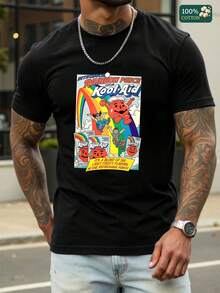 Men's Retro -Aid Rainbow Punch Comic Graphic T-Shirt - Vintage 70s-Inspired Rainbow Print With 6 Fruity Flavors, Soft  Cotton, All-Day Comfort For Summer Hangouts, Gift For Retro Soda Lovers, Classic Fit Tee - 黑色 - 查看 1