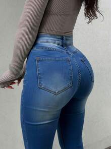 Pantalón Mezclilla Stretch Mujer Campana Corte Cintura Alta - Azul lavado medio - Ver 4